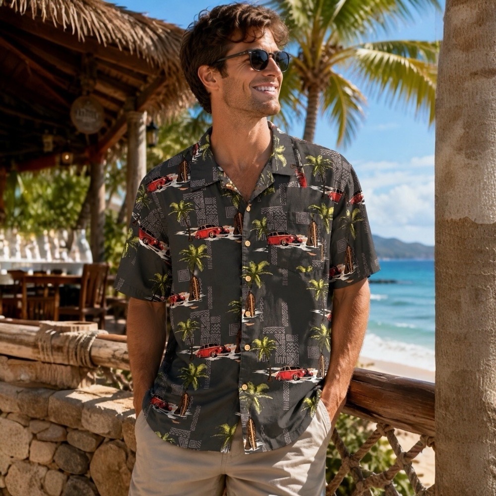 Vintage‎ Y2K Barefoot In Paradise Hawaiian Shirt Large Tropical Beach Car